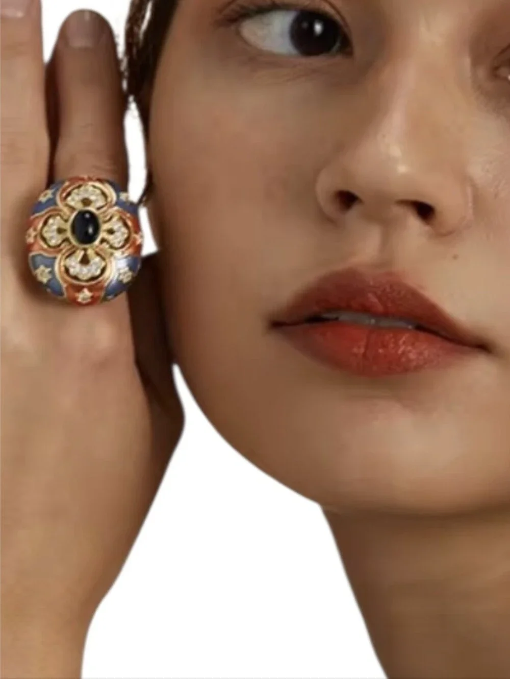 18k Gold Plated Oversized Cut Out Maltese Cross Enamel Sapphire Cabochon Ring